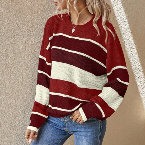 Red And White Casual Women's Color Block Pullover Sweater - Picture 3 of 5